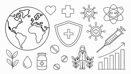Twenty Seven Minimalist Black Line Art Icons Global Health Medicine Science Growth Vaccine Pill Plant Doctor Heart Cross Virus Atom World Map