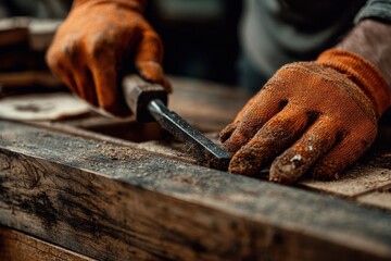 Close up of a skilled craftsperson shaping wood with orange gloves in a workshop during the day using a chisel and showcasing fine woodworking techniques