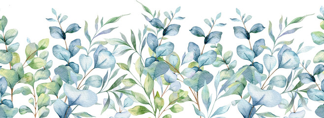 Seamless Eucalyptus Garland with Greenery. Botanical Seamless Horizontal Background. Eucalyptus Watercolor Illustration. Eucalyptus Branches Design. Greenery garland seamless. Eucalyptus Border Frame