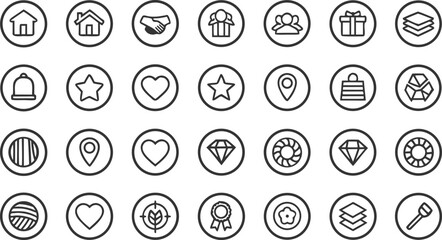 Twenty Seven Minimalist Black Line Art Icons in Circles White Background House Heart Star Gift Diamond Location People Teamwork Layers