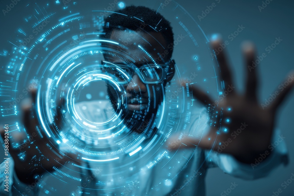 Poster businessman engages with digital technology and data visualization in a modern office environment du