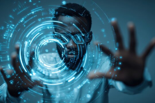 Businessman engages with digital technology and data visualization in a modern office environment during a creative brainstorming session