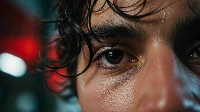 Close up of a sweaty face with dark curly hair and a focused eye in a dimly lit environment