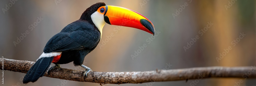 Poster toco toucan perched on a branch displaying its vibrant beak against a blurred natural background in 