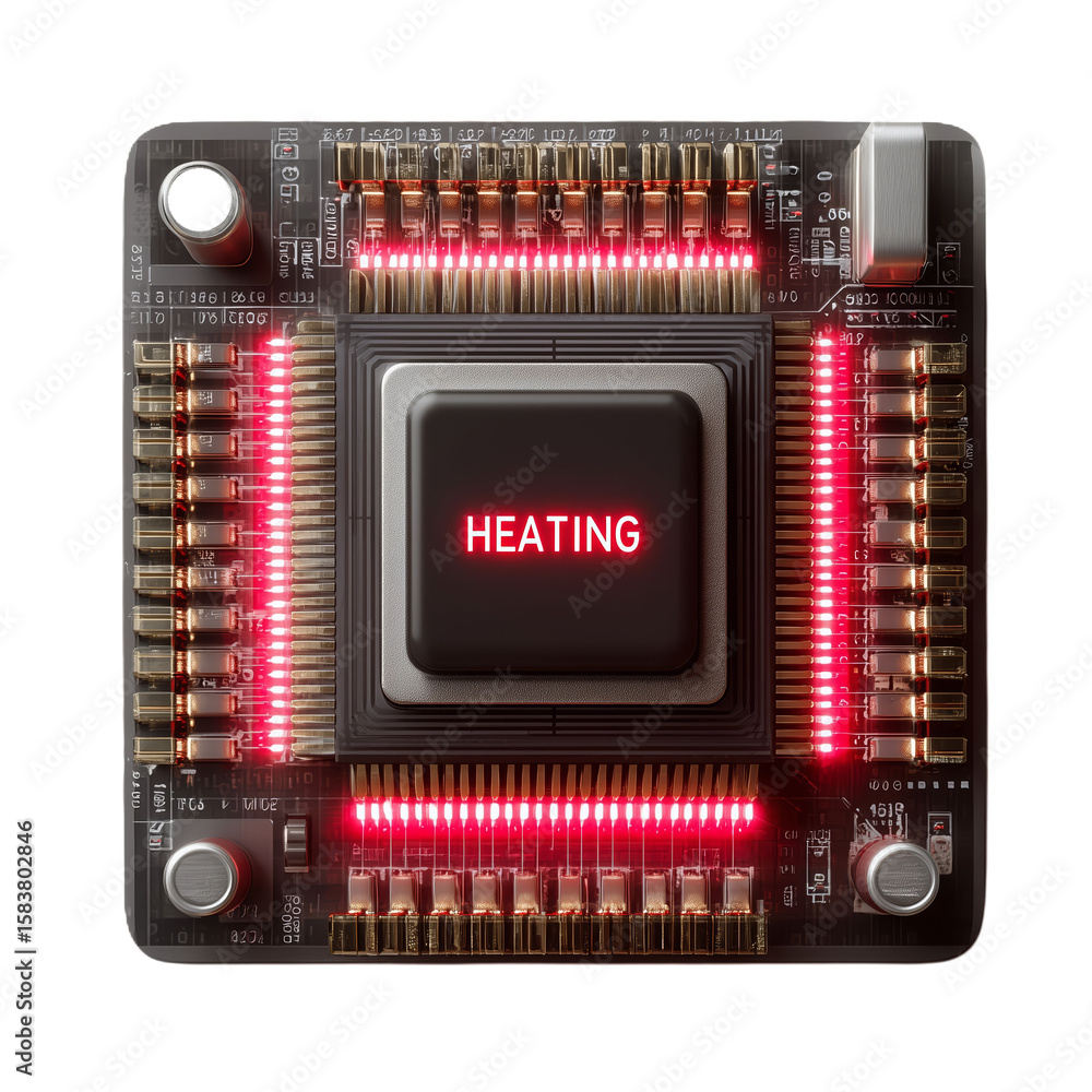 Poster microprocessor overheating concept: png image for modern tech designs. features 'heating' label on d