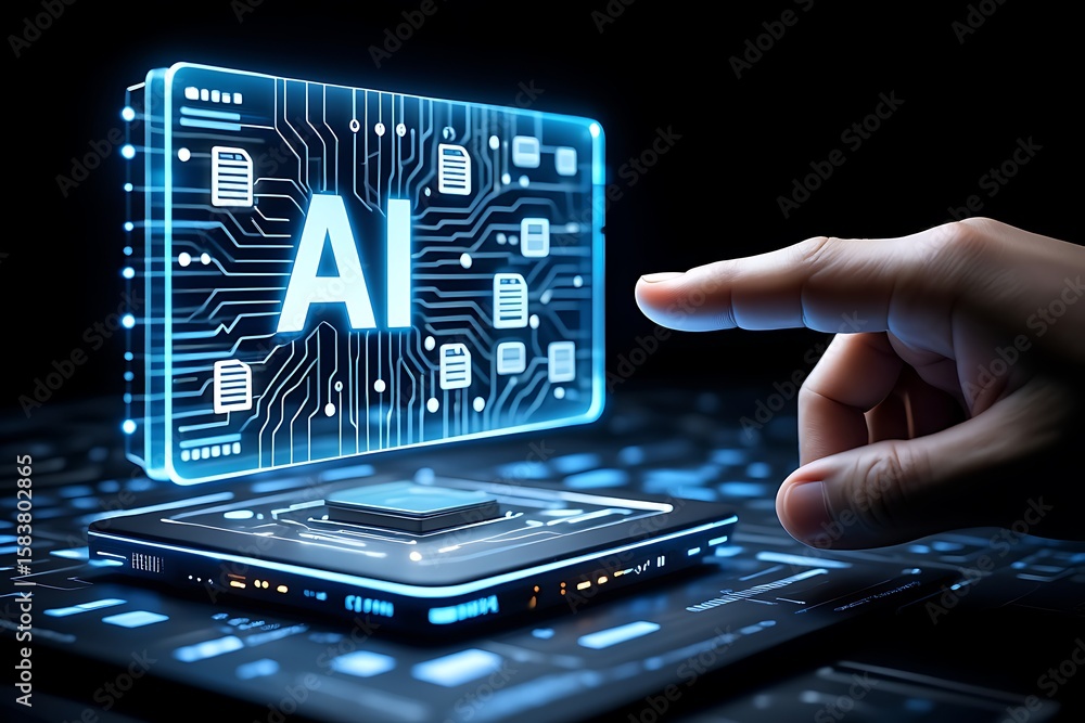Poster a hand pointing towards a glowing blue ai circuit board with data icons, symbolizing artificial inte