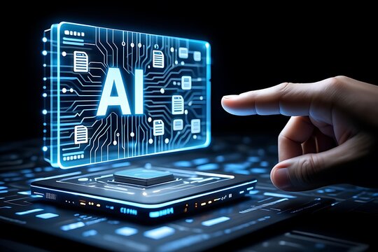 A hand pointing towards a glowing blue ai circuit board with data icons, symbolizing artificial intelligence and advanced technology - Powered by Adobe