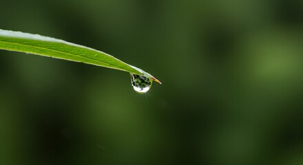 Single Water Droplet on Grass Blade Reflecting Green Forest Nature Freshness and Purity