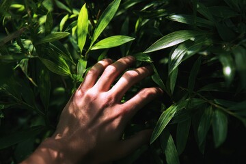 Gentle hand explores lush green spina ar leaves in a serene, sunlit garden during a tranquil afternoon stroll in nature