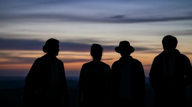 Silhouettes of weary travelers at sunset reflecting the arduous journey