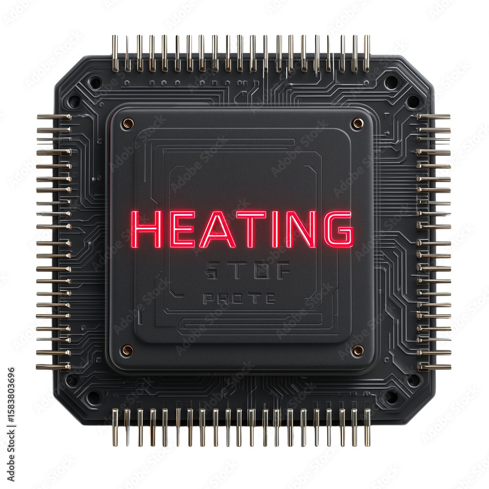 Poster microprocessor overheating concept: png image for modern tech designs. features 'heating' label on d