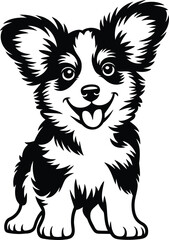 Fototapeta premium Australian Shepherd puppy silhouette in playful stance with oversized ears isolated black and white vector