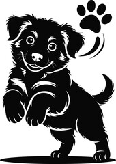 Obraz premium Australian Shepherd puppy silhouette in playful stance with oversized ears isolated black and white vector