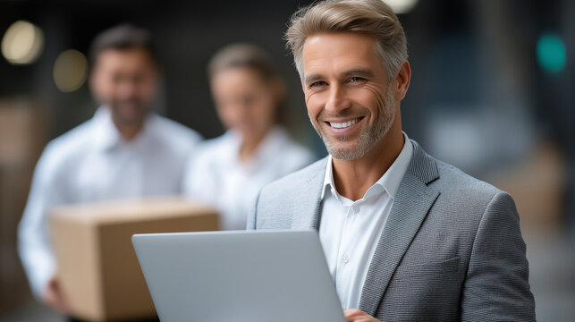Inventory Manager Analyzing Parcel on Laptop with Team Collaboration