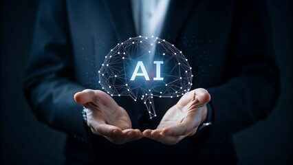 Index finger about to press the AI Artificial intelligence button, AI Artificial int icon, display screen, touch screen, Composite between an image and a 3D background, 3D background, virtual screen..