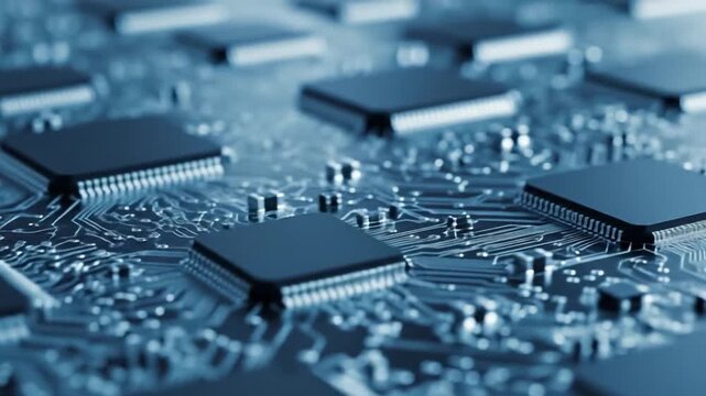 Intricate Circuit Board with Microchips: High-Tech Computing, Data Processing, and Digital Information Flow on a Modern Electronic Motherboard