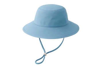 A light blue bucket-style sun hat with a wide brim and adjustable chin strap toggle, isolated studio background