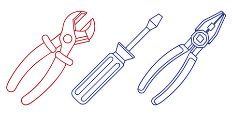 Red and blue tools pliers screwdriver