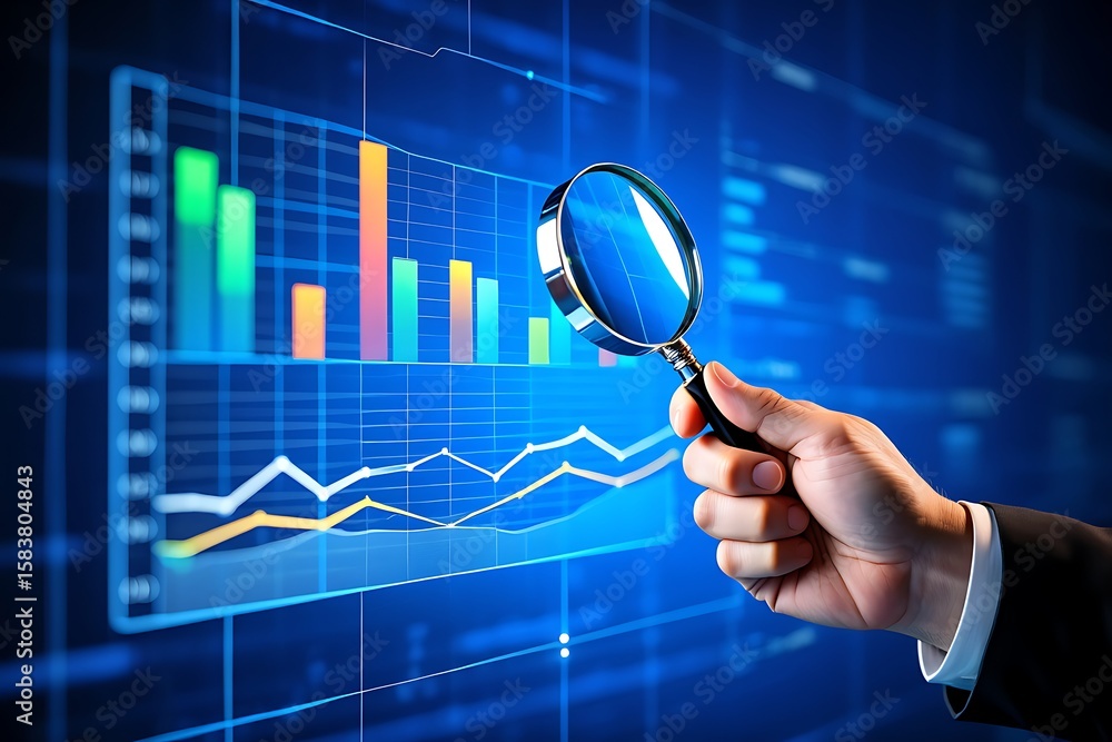 Poster a hand holding a magnifying glass over a colorful bar and line graph, symbolizing data analysis and 