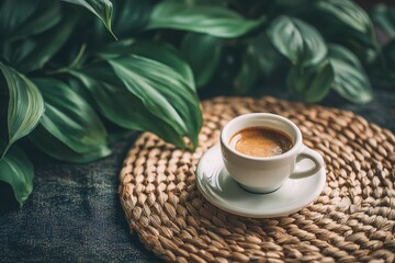 Obraz premium Light brown espresso in a white coffee cup rests on a woven placemat surrounded by green plants in a cozy setting during the morning hours