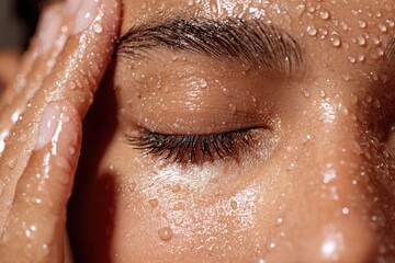 Fototapeta premium Close up capturing a wet face with glistening water droplets during a refreshing moment