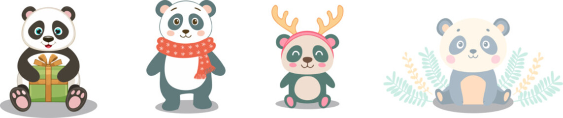Fototapeta premium Cute pandas in winter clothes and with reindeer antlers. A set of four adorable cartoon panda illustrations perfect for Christmas or winter themes.