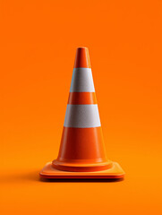 Tilted orange traffic cone with worn white bands against turquoise backdrop, 3D illustration