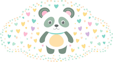 A charming cartoon panda surrounded by a colorful heart pattern. The panda is standing, radiating cuteness and adorableness. 
