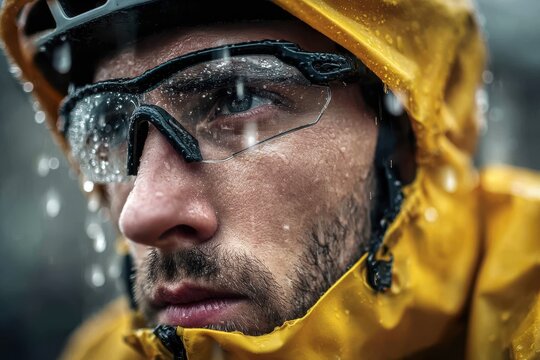 Close up of male cyclist wearing yellow rain jacket and glasses, focused on riding in the rain during an intense cycling event