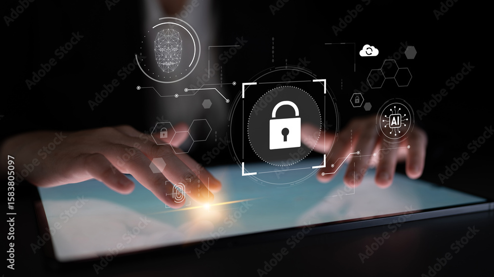 Poster ai cyber security system using biometric authentication and privacy control. cyber security protects