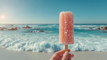 A hand holds a bright pink ice pop while standing on a sandy beach. In the background, the clear ocean sparkles under the sun with gentle waves crashing on the shore