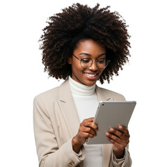 Young woman with tablet isolated on transparent background
