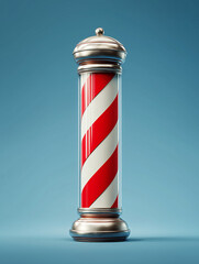 Glossy barber pole with chrome caps and spiral stripes set against teal background, 3D render