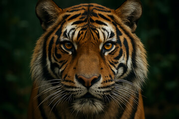 Fototapeta premium Powerful tiger closeup in natural jungle habitat with intense yellow gaze for international tiger day showing primal focus determination wilderness and feline strength