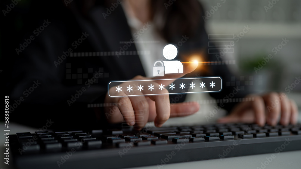 Poster user authentication and password protection concept showing secure login, privacy safeguard, data pr