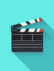 Flat style movie clapperboard icon with long shadow on turquoise background, vector illustration