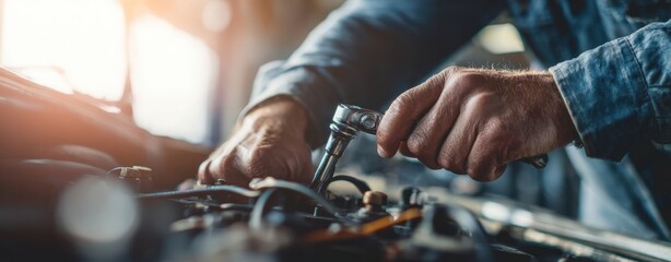 The mechanic working diligently on an engine using a wrench in a workshop setting.