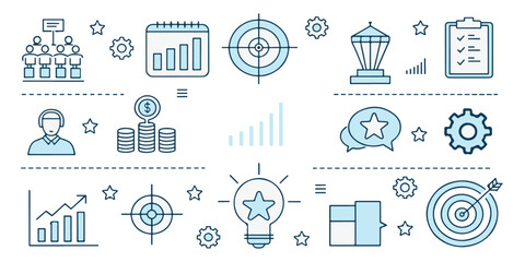 Business strategy icons for planning growth and success silhouette