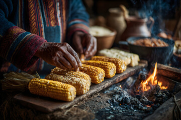 Traditional Peruvian Pachamanca Cooking Process with Corn and Meat Close Up