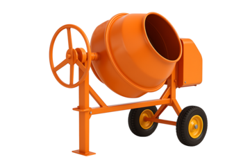 Detailed View of Orange Cement Mixer Drum with Steel Frame and Black Rubber Tires – Engineering Equipment Concept