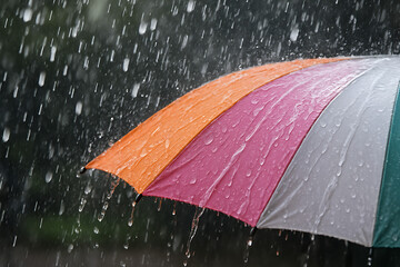 Multi-colored umbrella in pouring rainfall capturing vibrant tone and dramatic drops of a rainy day storm scene in nature