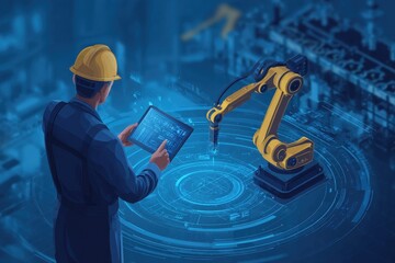 Industry engineer monitors robotic arm performance using digital tablet in factory setting during modern manufacturing process