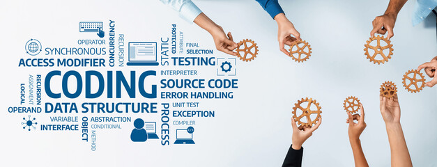 This image depicts a collaborative coding session with diverse hands interacting around gears,...