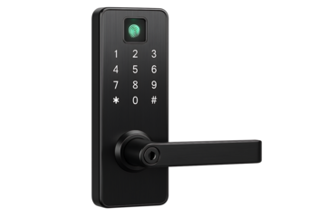 Modern Biometric Smart Door Lock with Fingerprint Scanner and Touchscreen Keypad on Transparent Background