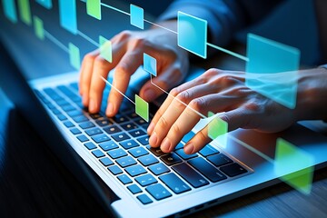 Hands are typing on a laptop keyboard with a virtual graph overlay, illustrating data analysis and financial market trends