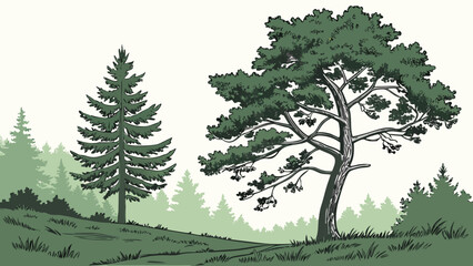 Fototapeta premium Illustration of a serene landscape featuring various trees and a grassy hill in a muted color palette