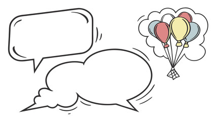 Illustration featuring two speech bubbles and a bunch of colorful balloons tied together in a cloud