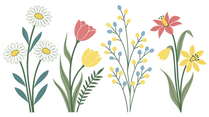 Illustration of daisies, tulips, berry branches, and daffodils on a white background design element