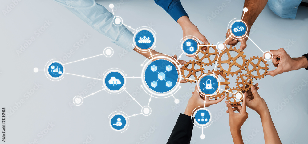 Poster this image captures a diverse group of hands collaborating to join gears, symbolizing teamwork and i