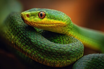 Fototapeta premium Vibrant green snake with detailed scales showcases its unique colors in a natural habitat, highlighting the beauty of wildlife during daylight